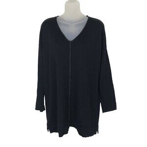 Eileen Fisher 98% Merino Wool Black  V- neck Oversized Sweater  Size XXS